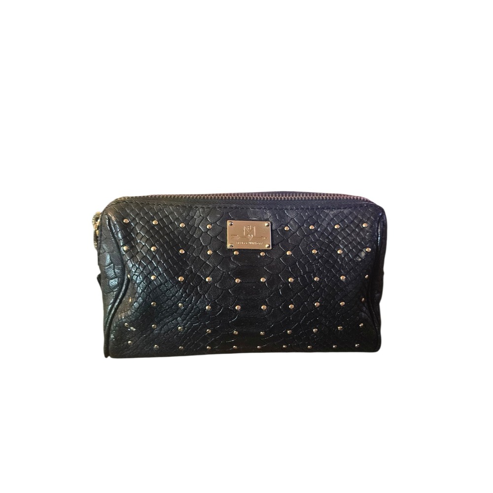 Rebecca Minkoff Black Embossed Studded‎ Cosmetic Pouch Clutch Bag Gold Zip